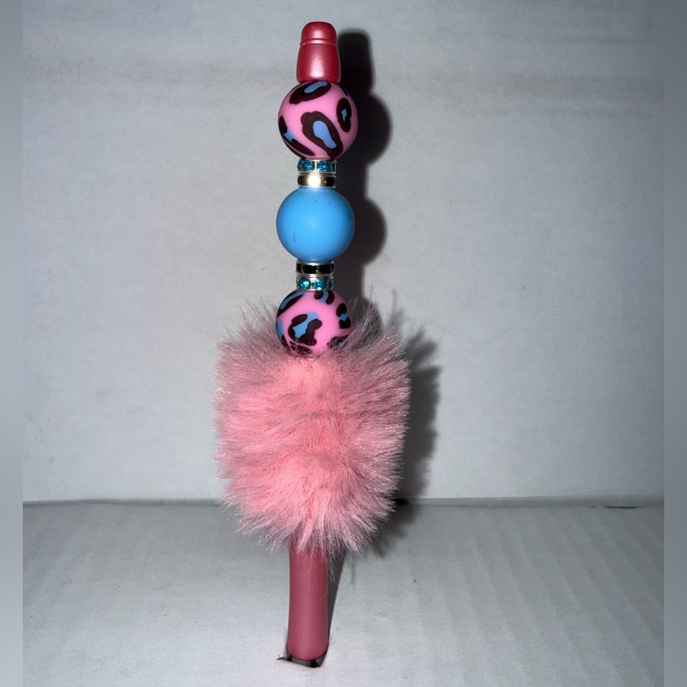 Handmade Beaded Pen- Pink and Blue Silicone Beads with Fluffy Base.